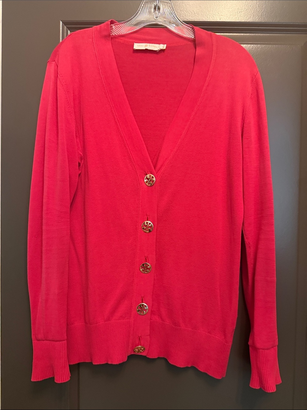 Tory Burch Bright Red/Pink V-Neck Button Cardigan Cotton